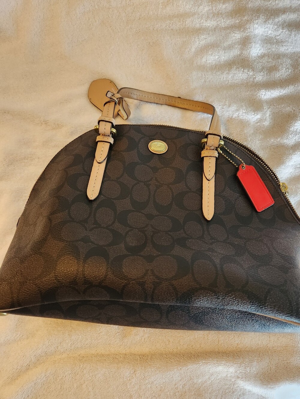 Coach Brown Signature Dome Satchel with Tan Trim and Red Tag